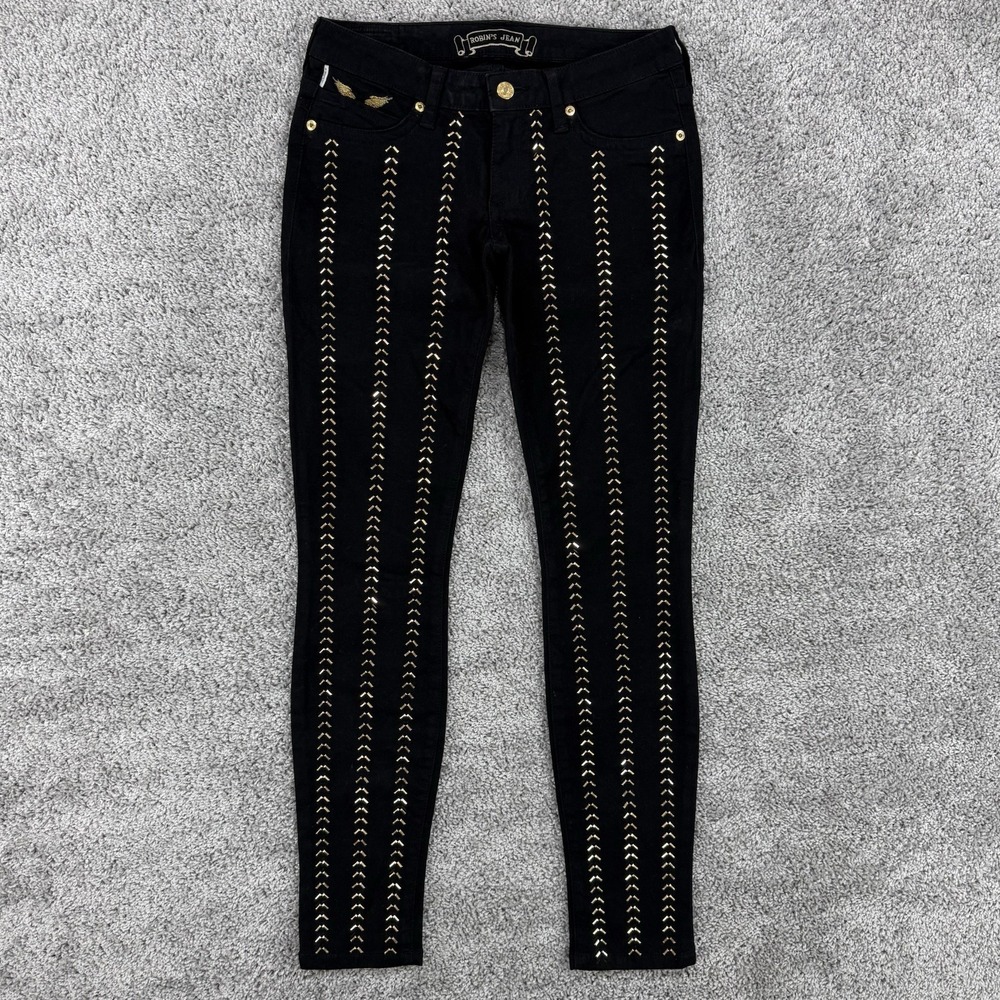 Robins Jean Women's 27 Black Skinny Chevron Gold Stud Embellished Goth Stretch